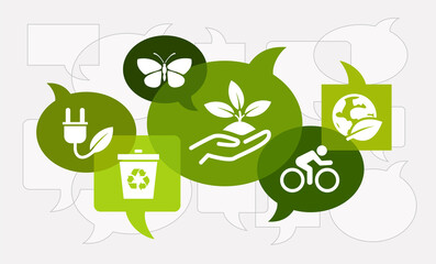 save the planet vector illustration (opacity all 100%). Concept with icons on environment / environmental protection or impact, discussion / dialogue about sustainability, recycling, eco alternative. - obrazy, fototapety, plakaty