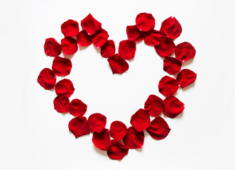 Heart of red rose flower petals on white background