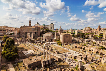 Fototapeta na wymiar Panorama of the Roman forum, view from above. Rome, Italy