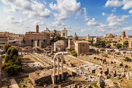 Panorama of the Roman forum, view from above. Rome, Italy