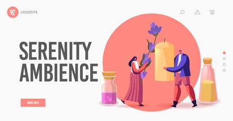 People Make and Use Aroma Candles for Home Decor Landing Page Template. Tiny Characters with Huge Candle, Lavender