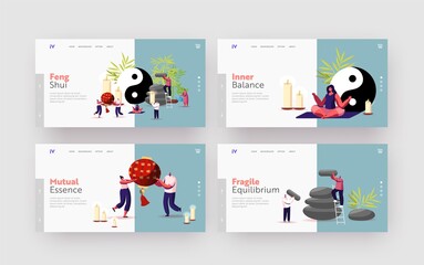 Feng Shui Oriental Philosophy Landing Page Template Set. Characters Decorate Home with Stones, Candles and Plants
