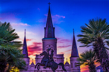 Andrew Jackson Statue St Louis Cathedral Sunset New Orleans Louisiana