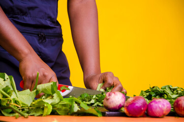 close up a nigerian housewife cutting vegetables in the kitchen