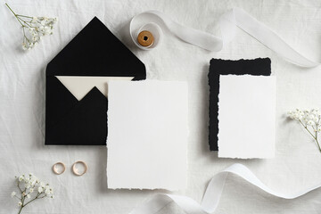 Wedding stationery mockup. Blank greeting card, invitation template. Flat lay envelope, blank paper...