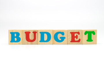 Multicolored cubes on white background word budget
