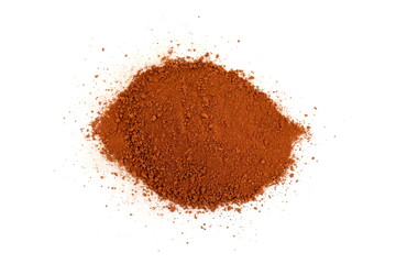 Pile of Red dirt (soil) on white. Heap of Red dry clay isolated on white background. Ochre, also...
