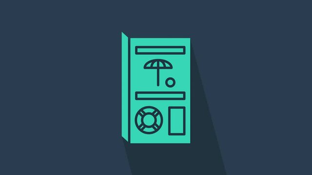 Turquoise Travel brochure icon isolated on blue background. 4K Video motion graphic animation.