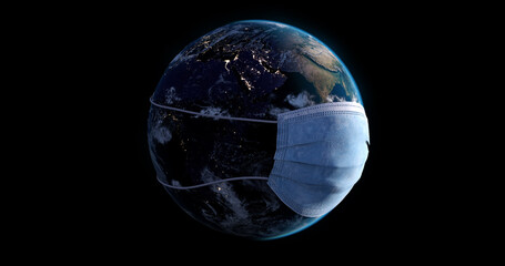 Planet Earth visible from space with  protective Face Mask. World medical pandemic. Covid-19, corona virus protection. 2021 protection measures.