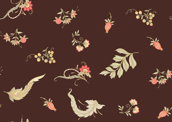 Obraz premium Seamless pattern with stylized ornamental flowers in retro, vintage style. Jacobin embroidery. Colored vector illustration on chocolade brown background.