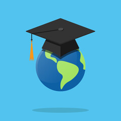 Graduation cap on globe Flat design. Distance education, online learning, certificate programs, international educational projects.