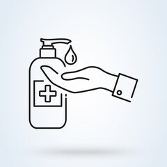 Sanitizer with hands. Washing hands rubbing with soap for coronavirus prevention. Hand soap linear icon. Thin line illustration.