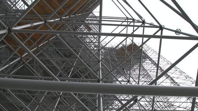 Metal scaffolding on a construction site bottom view