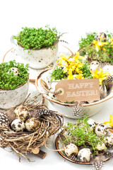 Easter table decoration quail eggs forsythia flowers