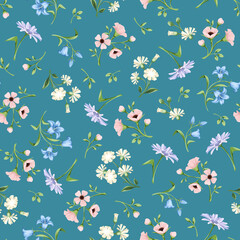 Vector seamless floral pattern with small pink, blue, white and purple flowers on a celadon background.