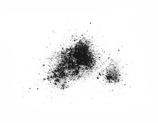 Black powder (Charcoal powder) scattered. Isolated on white background. A loose heap of fine Powdered charcoal. 