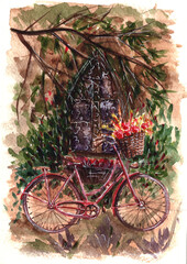 Fototapeta na wymiar Watercolor illustration. Bicycle with a wicker basket. Retro theme with landscape colors and architecture. Retro themes, illustrations for postcards, posters, and other Souvenirs