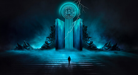 Obraz premium Dark, night abstract fantasy landscape with island, pyramids, bitcoin and lightning. Reflection of neon in water, sea, ocean. Smoke, smog on the shore. A modern futuristic landscape with bitcoin.