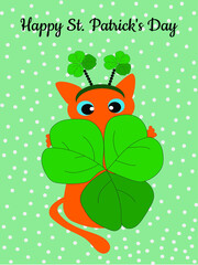 A ginger cat and a green shamrock in its paws, a symbol of Ireland. St. Patrick's Day greeting card. The holiday is celebrated on March 17. Vector illustration.