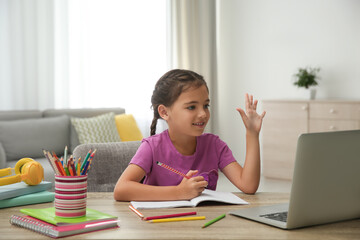 Distance learning, studying at home. Girl having online school lesson during quarantine and lockdown due to Covid-19 pandemic