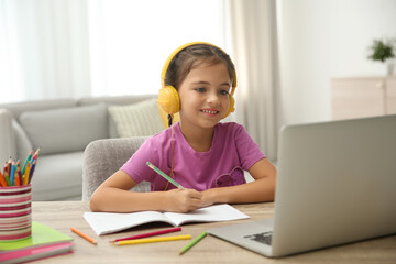 Distance learning, studying at home. Girl having online school lesson during quarantine and...