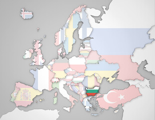 3D Europakarte auf der Bulgarien hervorgehoben wird und die restlichen Flaggen transparent sind