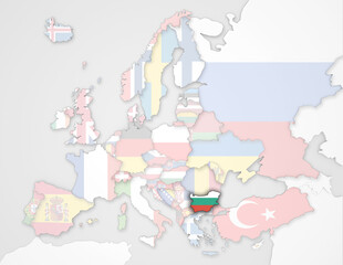 3D Europakarte auf der Bulgarien hervorgehoben wird und die restlichen Flaggen transparent sind