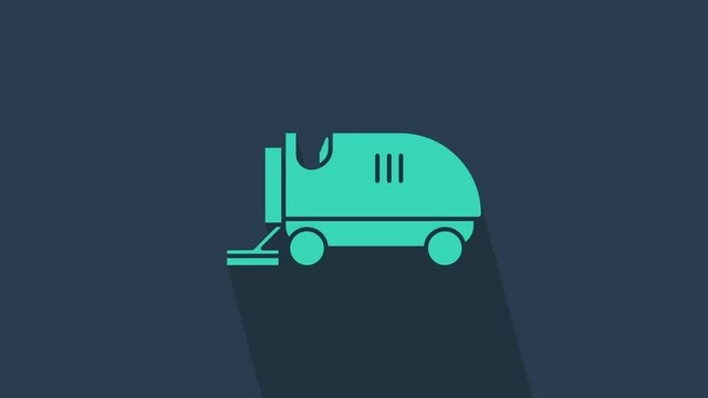 Turquoise Ice resurfacer icon isolated on blue background. Ice resurfacing machine on rink. Cleaner for ice rink and stadium. 4K Video motion graphic animation.