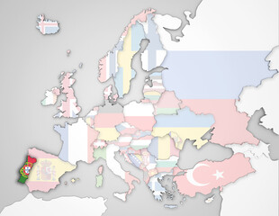 3D Europakarte auf der Portugal hervorgehoben wird und die restlichen Flaggen transparent sind