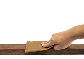 hands hold the sanding paper with wood block isolated white.