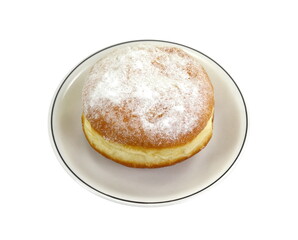 German doughnut berliner with icing sugar isolated on white. Donuts(Sufganiyah) isolated on white background one fresh baked with powered sugar. fresh dough-nut with jam. Serbian krofna