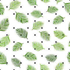 Tropical palm leaves flat vector illustration, green silhouette, over small  black polka dot and white background, seamless pattern.