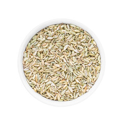 Fennel seeds in round bowl isolated over white background.