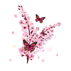 A branch of sakura with falling petals. Butterfly on a spring pink branch. Vector illustration