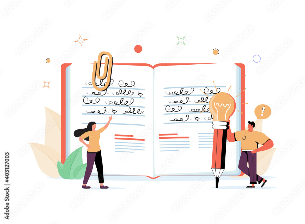 Poster taking notes as writing process of study in memo diary tiny persons concept. notepad messages with a