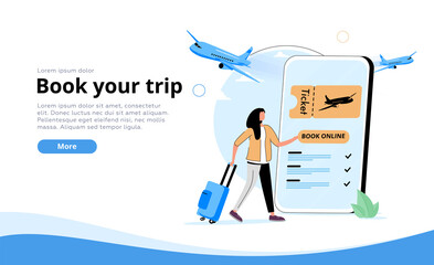 Online booking service vector illustration. Woman with luggage book travel on the smartphone. Trip planning, traveling, covid travel.