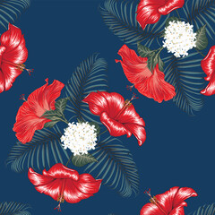 Seamless floral pattern red Hibiscus flowers on isolated dark blue background.Vector illustration hand drawn.