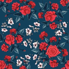 Gardinen Seamless pattern floral beautiful red Rose, pink wild rose flowers abstract background.Vector illustration hand drawing line art. © NOPPHACHAI