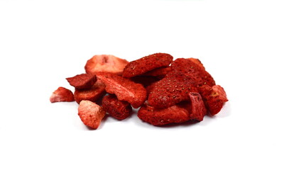 Group of home cooked dehydrated dry strawberries isolated on white background top view. Dried homemade sliced organic strawberry berries close up