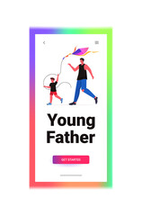 young father and son launching kite together parenting fatherhood concept dad spending time with kid vertical copy space full length vector illustration