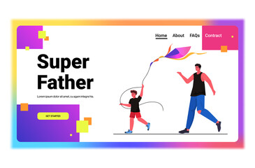 young father and son launching kite together parenting fatherhood concept dad spending time with kid horizontal copy space full length vector illustration