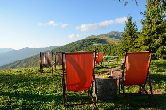 Old Mountain, Babin zub, Serbia, July &lrm;28, &lrm;2020, Empty sun loungers await tourists. Midzor Mountain  in Serbia, Europe. Beautiful Serbian landscape. 