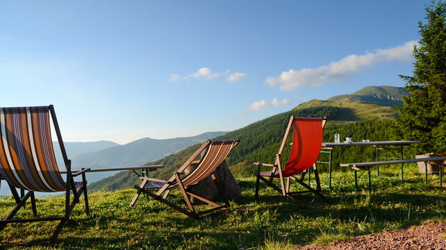 Old Mountain, Babin zub, Serbia, July &lrm;28, &lrm;2020, Empty sun loungers await tourists. Midzor Mountain  in Serbia, Europe. Beautiful Serbian landscape. 