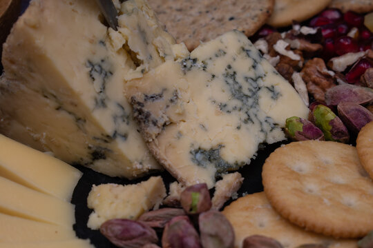 Blue Vein Cheese And Crackers, Close Up