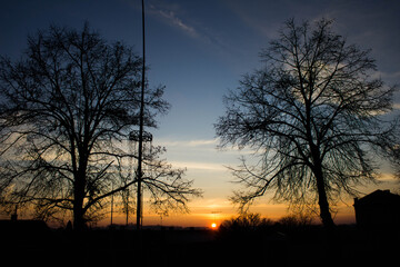 Naklejka premium Scenery. Sunset on the background of trees and the city. Background.