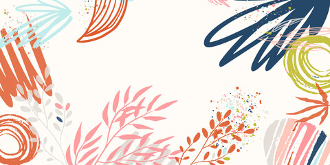 Obraz premium Collage tropical and polka dot seamless pattern set. Modern exotic design for paper, fabric, interior decor. Floral botanical organic abstract background with hand drawn brush stroke art. 