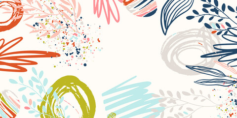 Obraz premium Collage tropical and polka dot seamless pattern set. Modern exotic design for paper, fabric, interior decor. Floral botanical organic abstract background with hand drawn brush stroke art. 