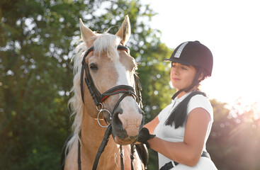 Fototapeta premium Young woman in horse riding suit and her beautiful pet outdoors on sunny day