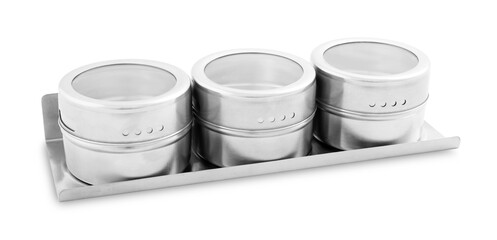 Set of magnetic containers for spices isolated on white