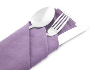 Clean cutlery with napkin isolated on white